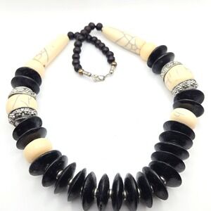 Black Wood Beads and Aged‎ Style Cream Color Beads Vintage Statement Necklace
